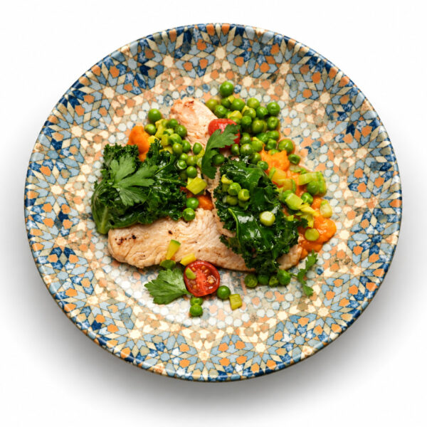 Turkey with sweet potato purée and green vegetables
